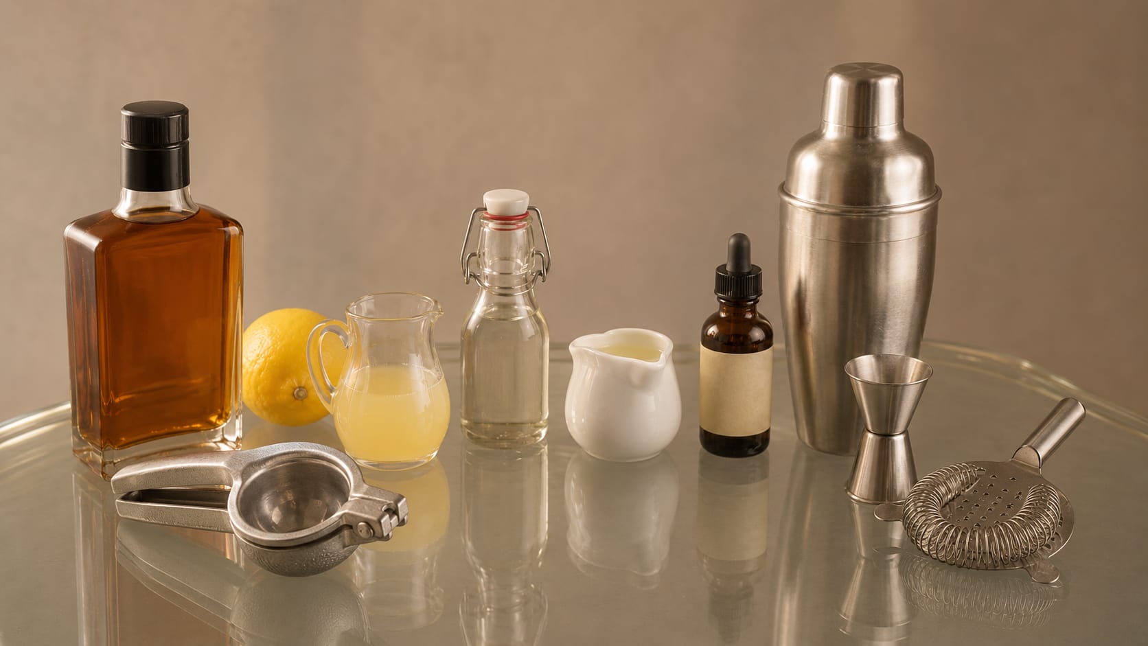 Ingredients and tools to make Amaretto Sour