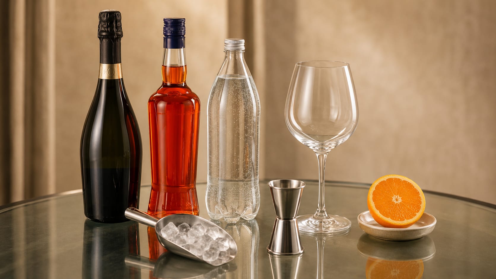 Ingredients and tools to make Aperol Spritz