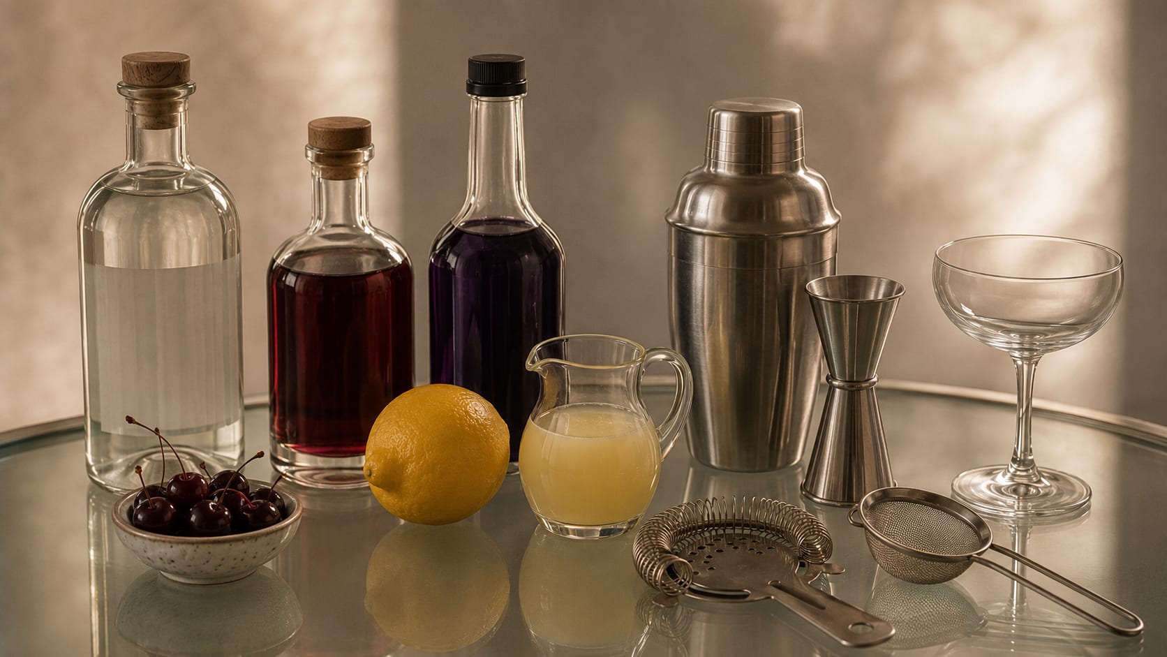 Ingredients and tools to make Aviation