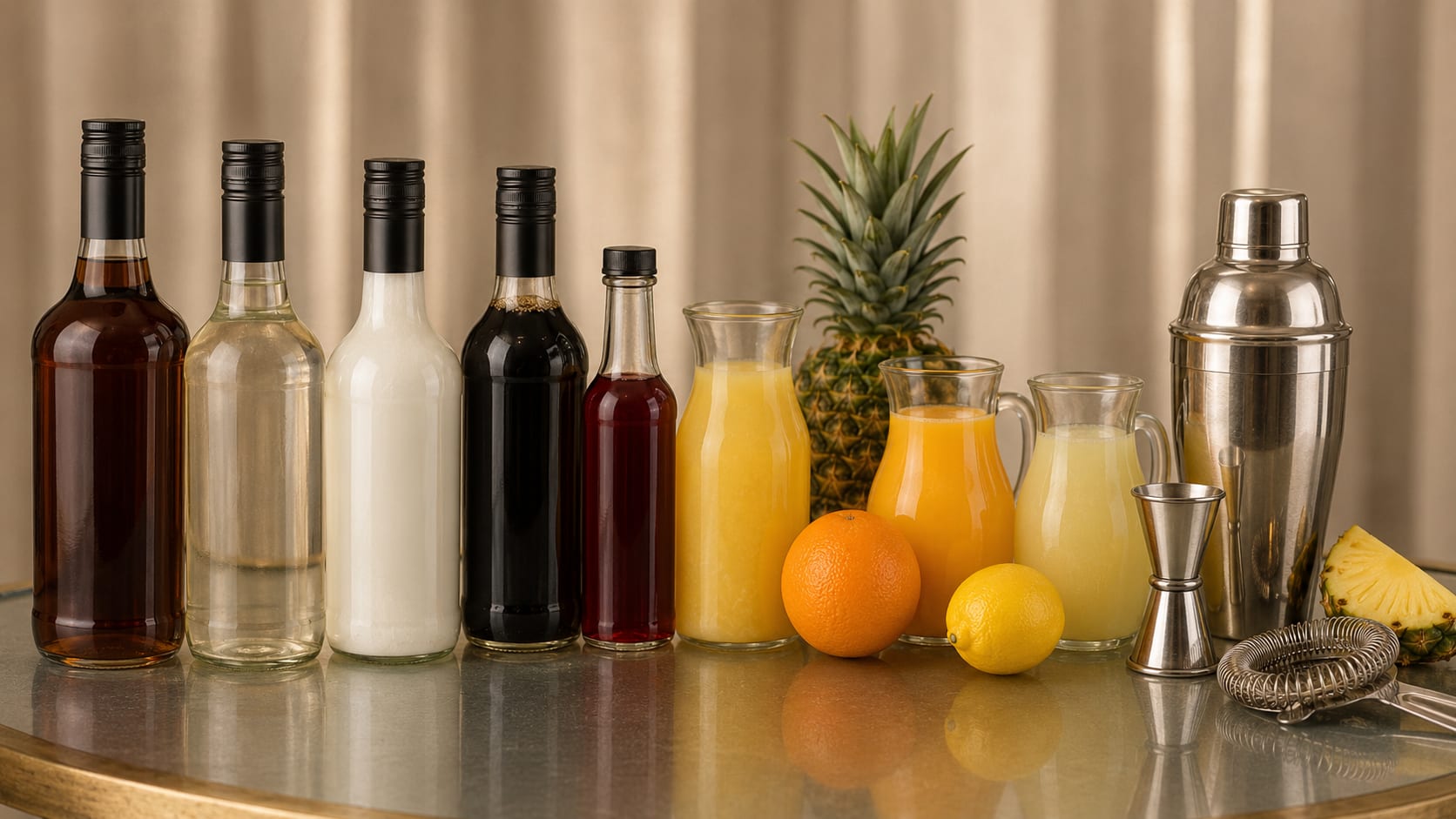 Ingredients and tools to make Bahama Mama