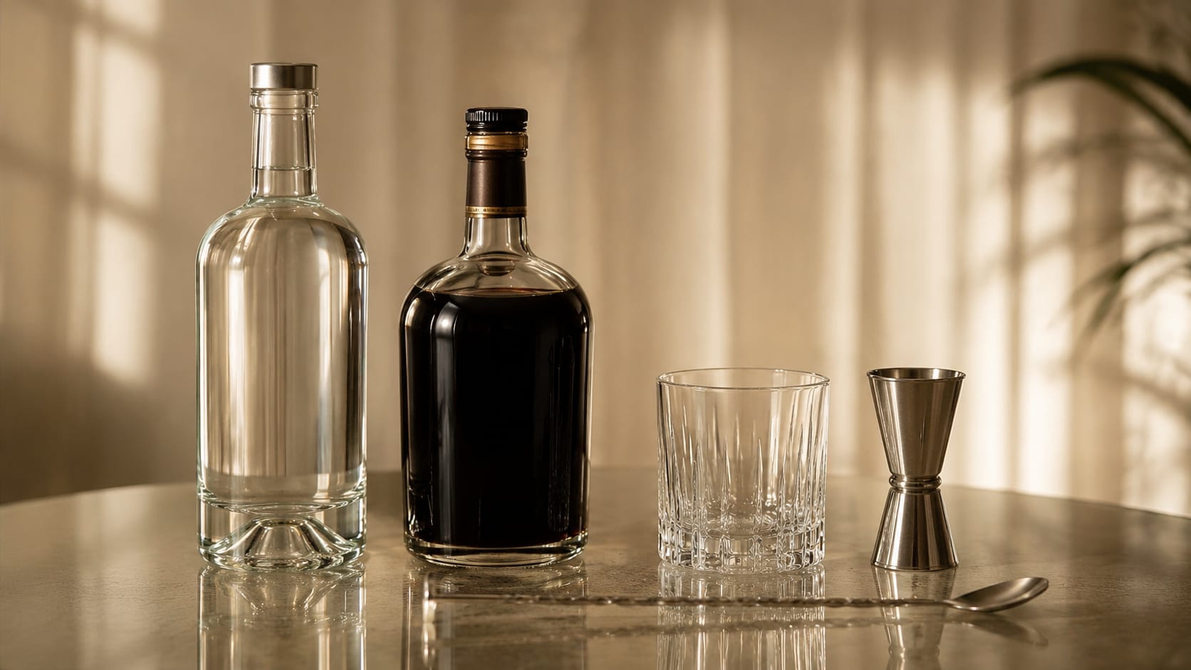 Ingredients and tools to make Black Russian