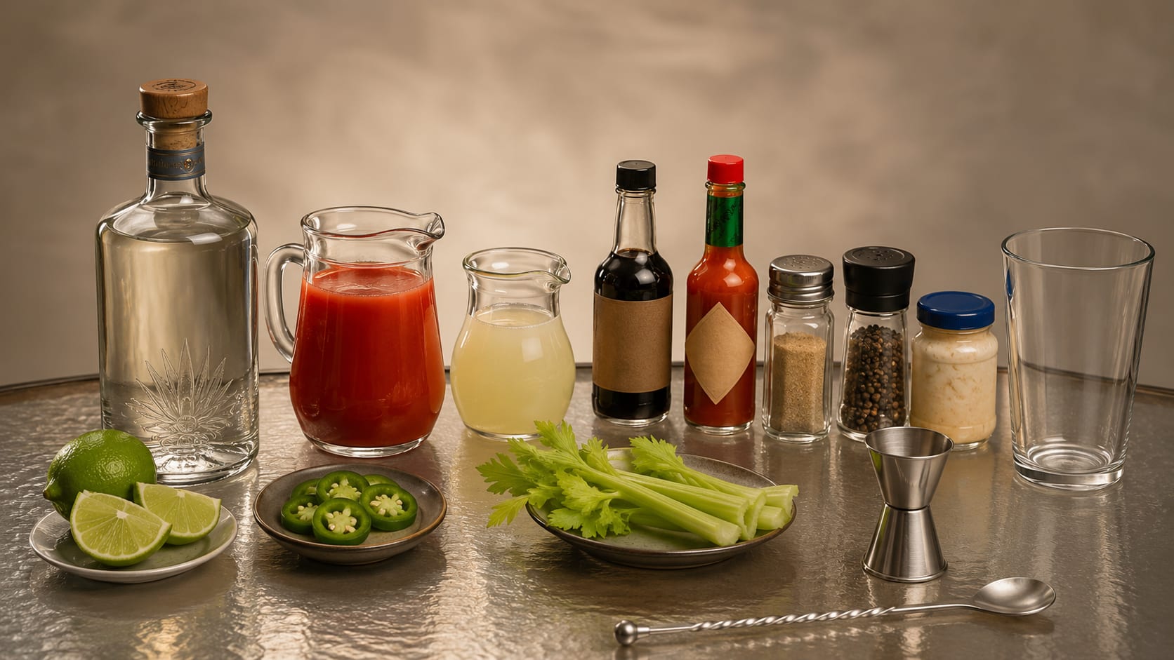 Ingredients and tools to make Bloody Maria