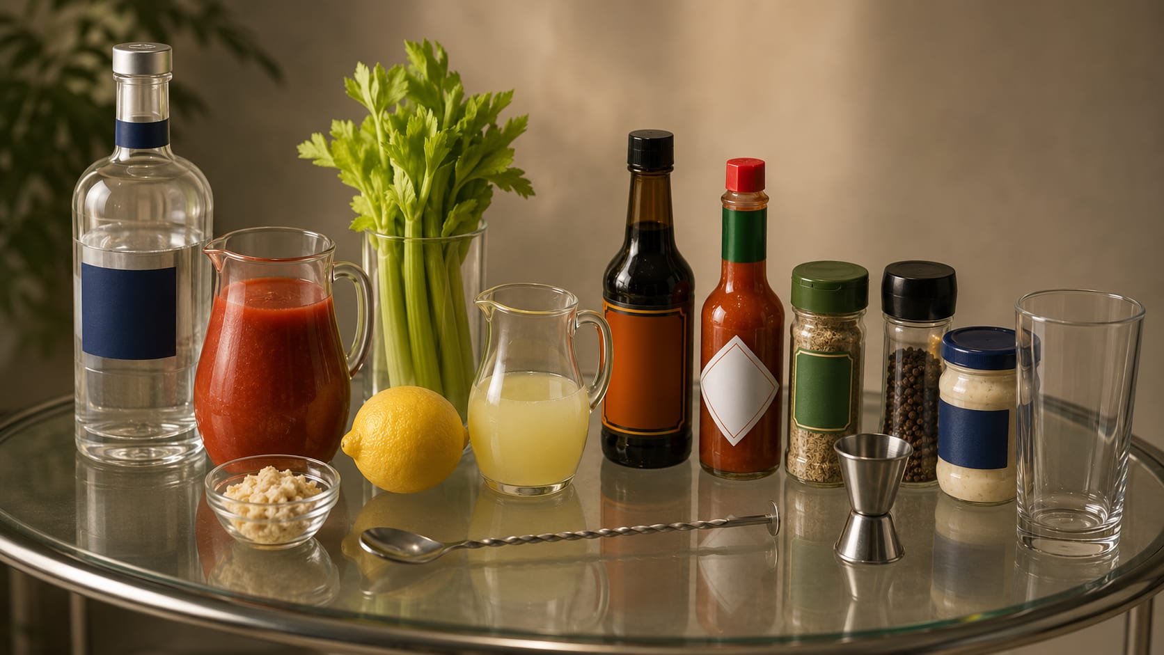 Ingredients and tools to make Bloody Mary