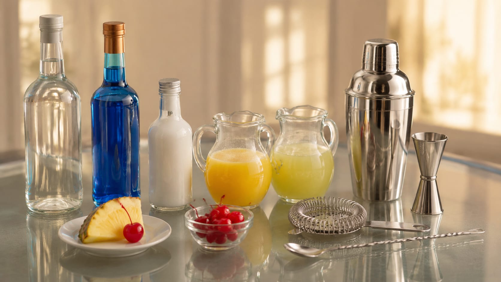 Ingredients and tools to make Blue Hawaii