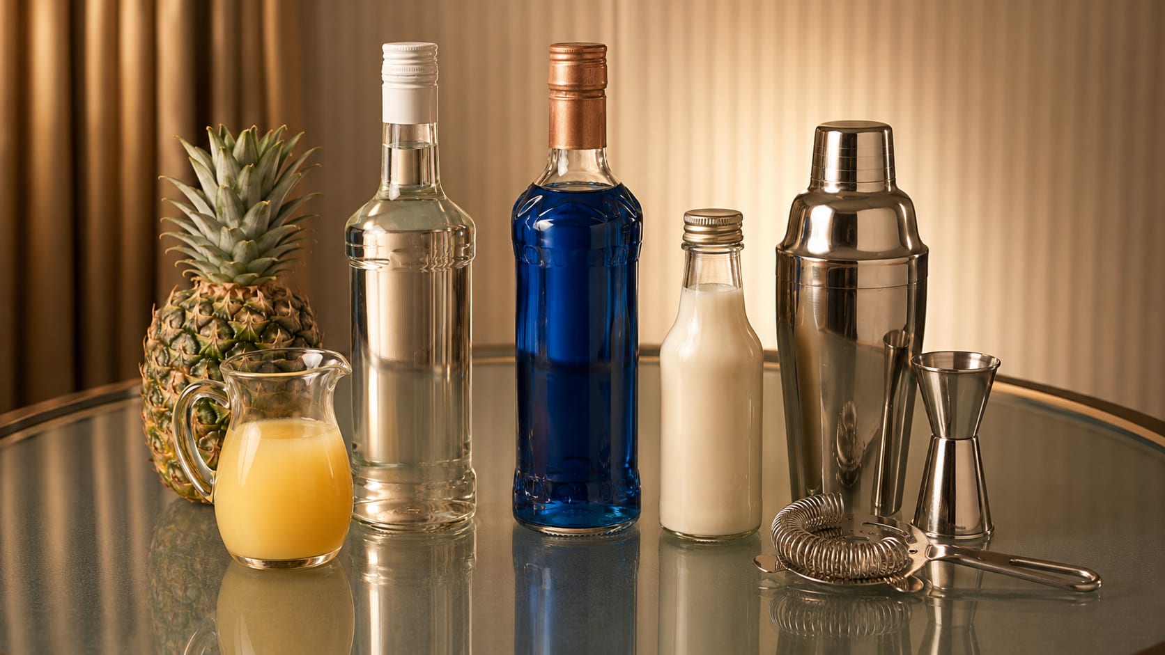 Ingredients and tools to make Blue Hawaiian