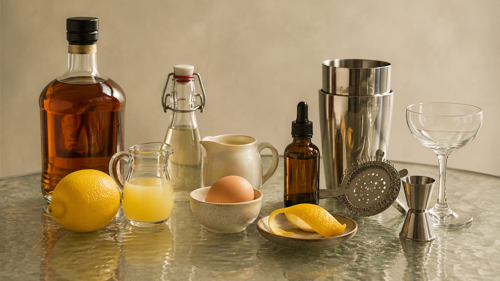 Ingredients and tools to make Boston Sour