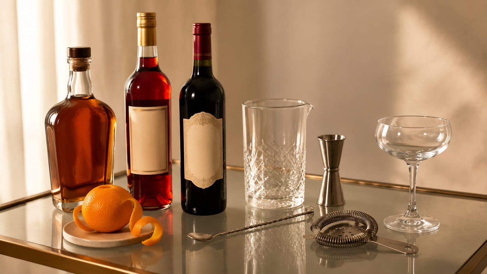 Ingredients and tools to make Boulevardier