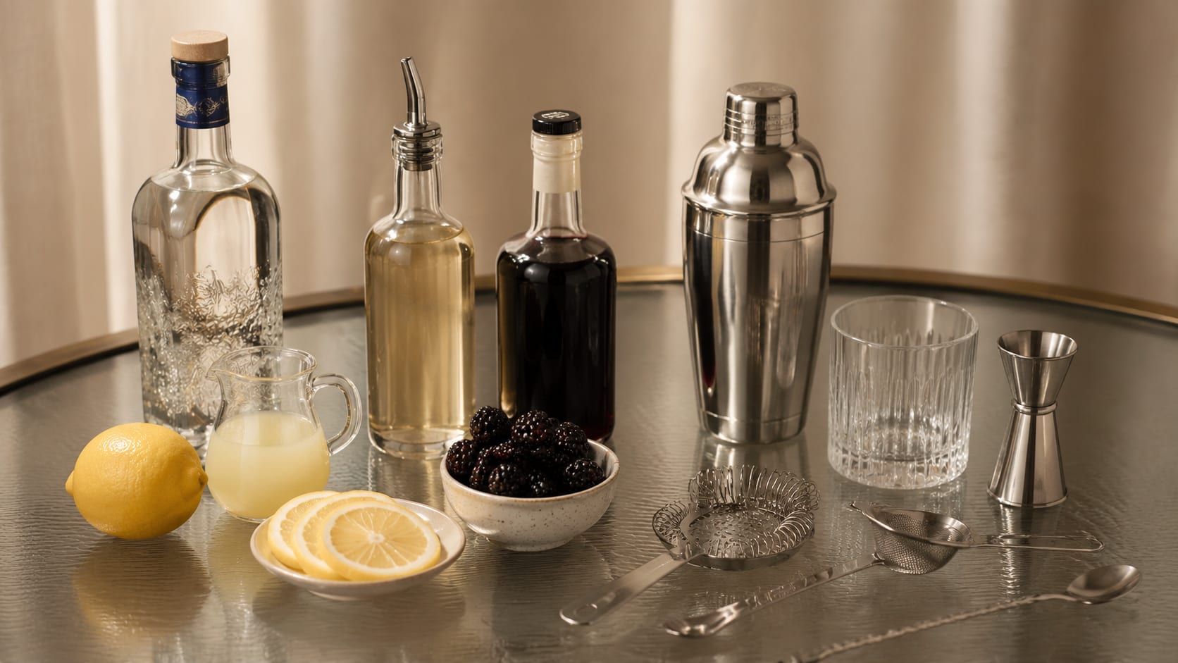 Ingredients and tools to make Bramble