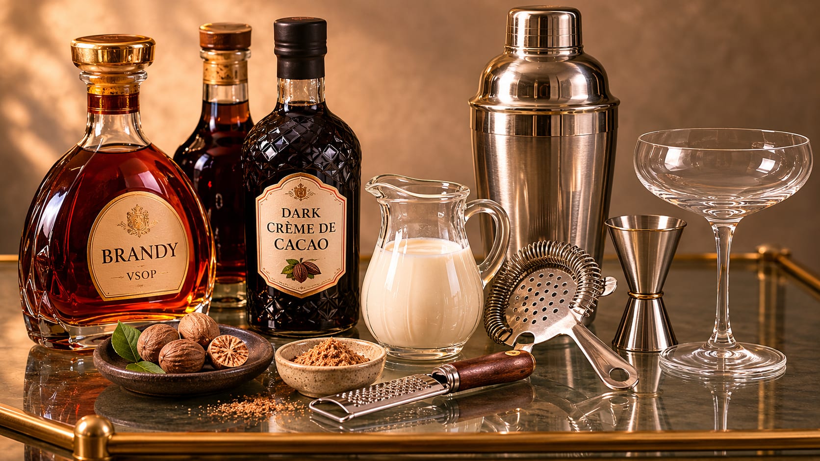 Ingredients and tools to make Brandy Alexander