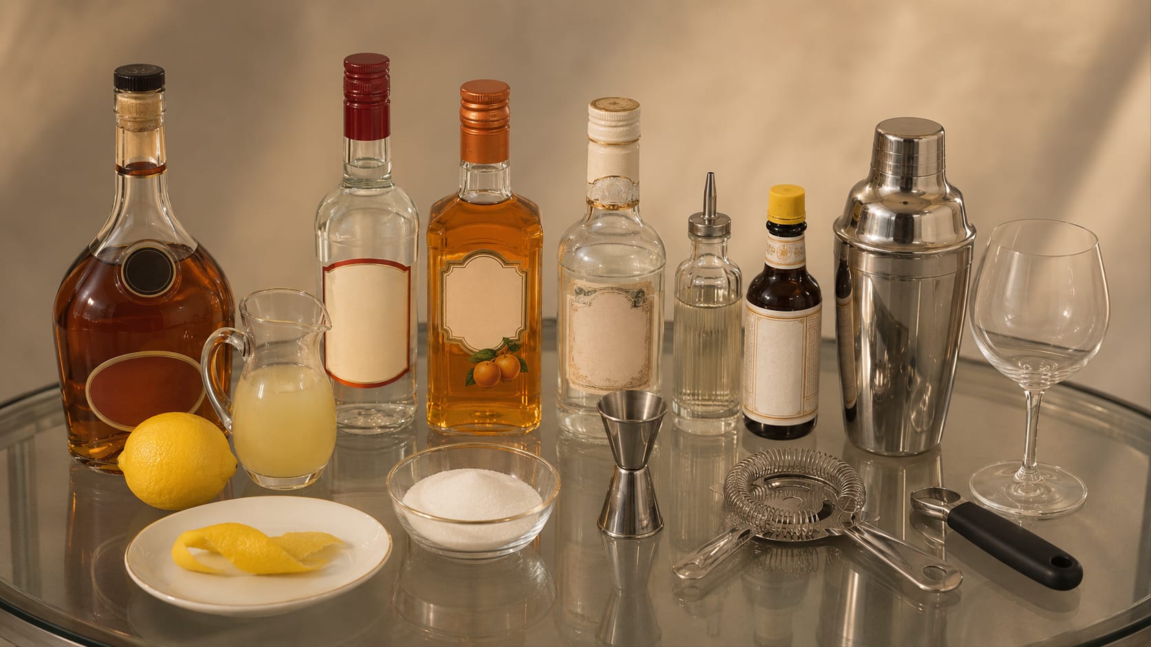 Ingredients and tools to make Brandy Crusta