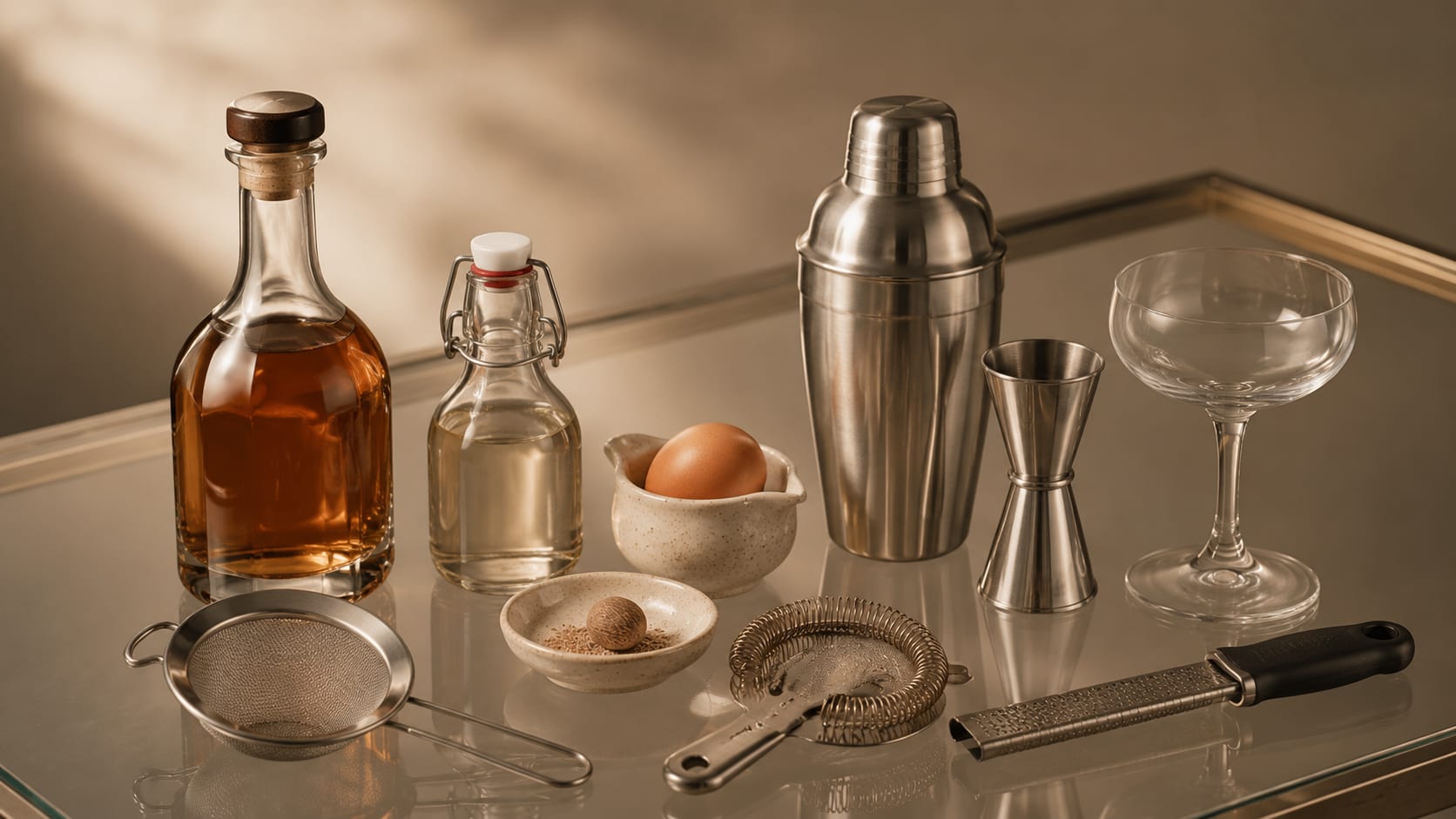 Ingredients and tools to make Brandy Flip
