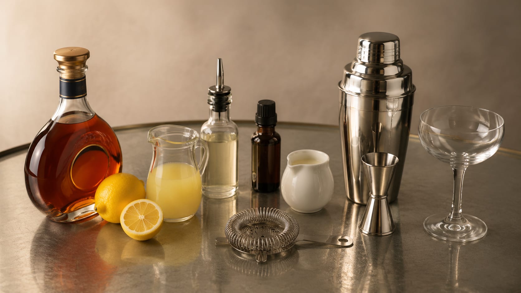Ingredients and tools to make Brandy Sour