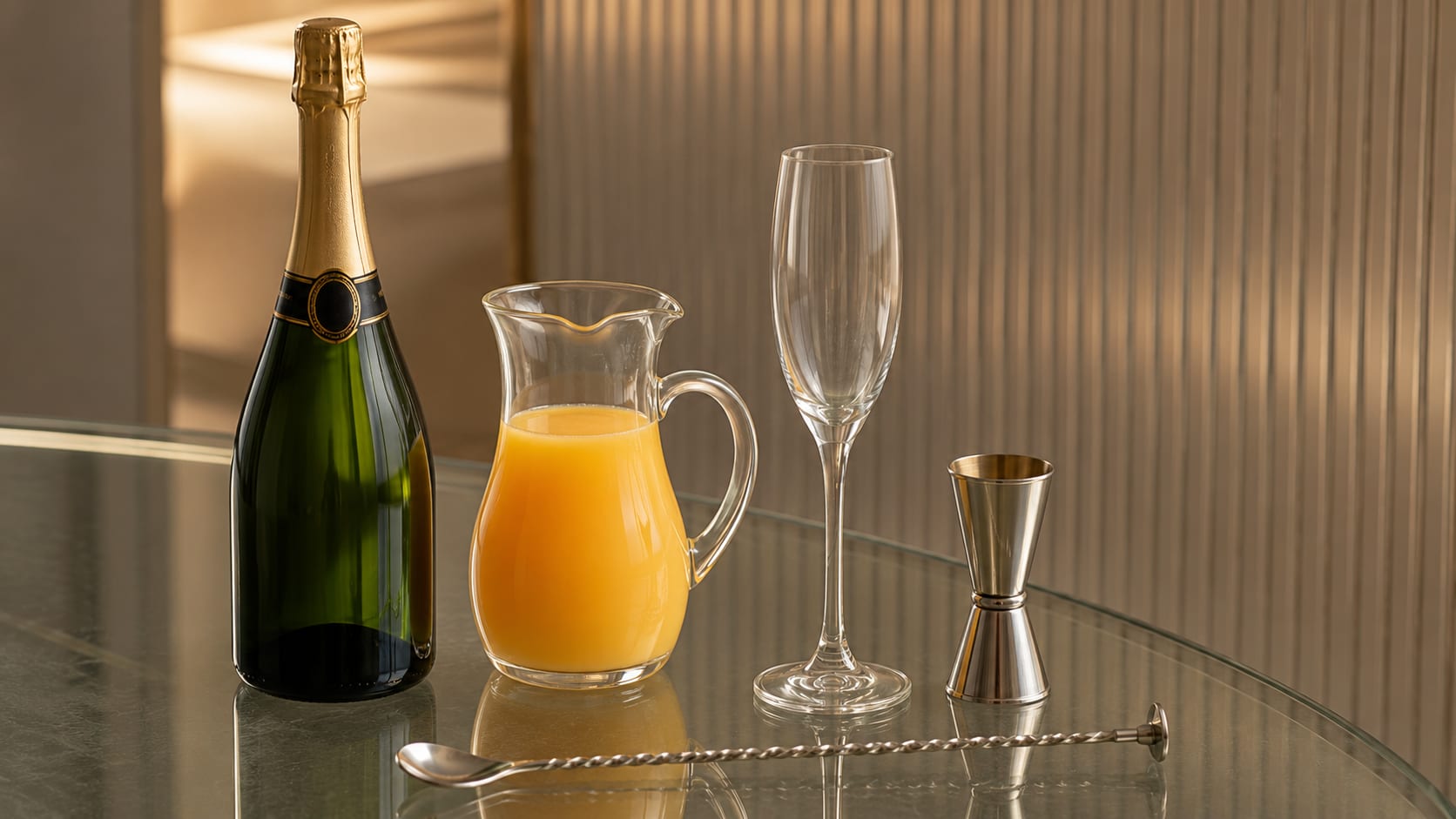 Ingredients and tools to make Buck's Fizz