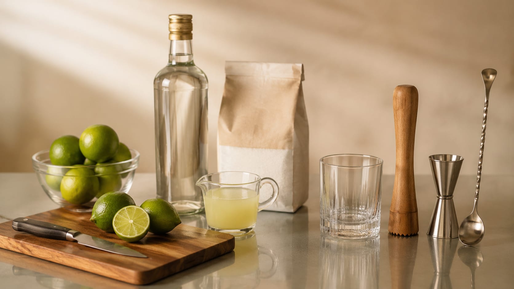 Ingredients and tools to make Caipirinha