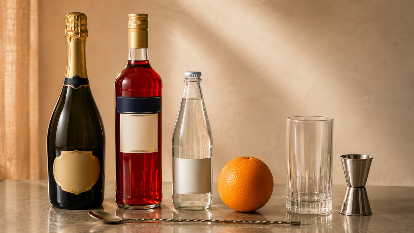 Ingredients and tools to make Campari Spritz