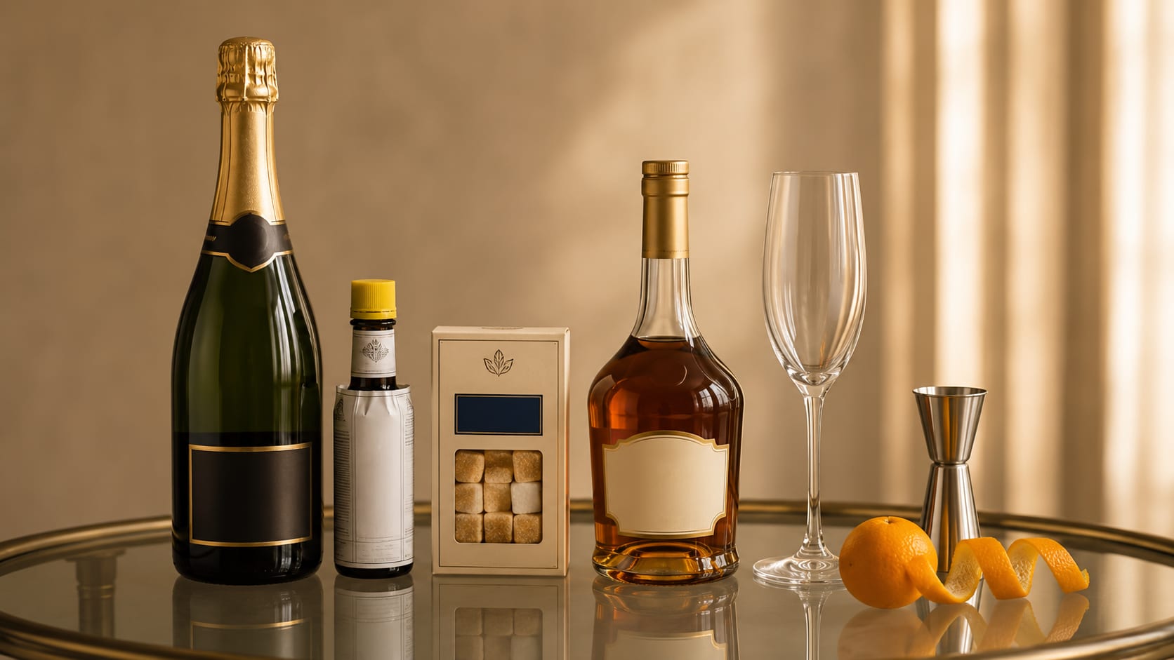 Ingredients and tools to make Champagne Cocktail