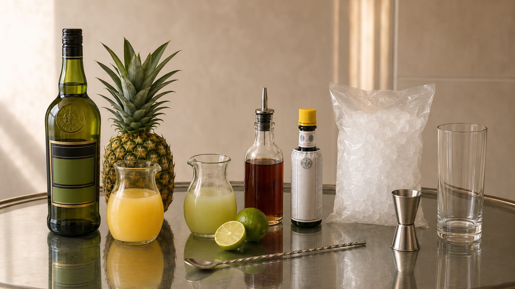 Ingredients and tools to make Chartreuse Swizzle