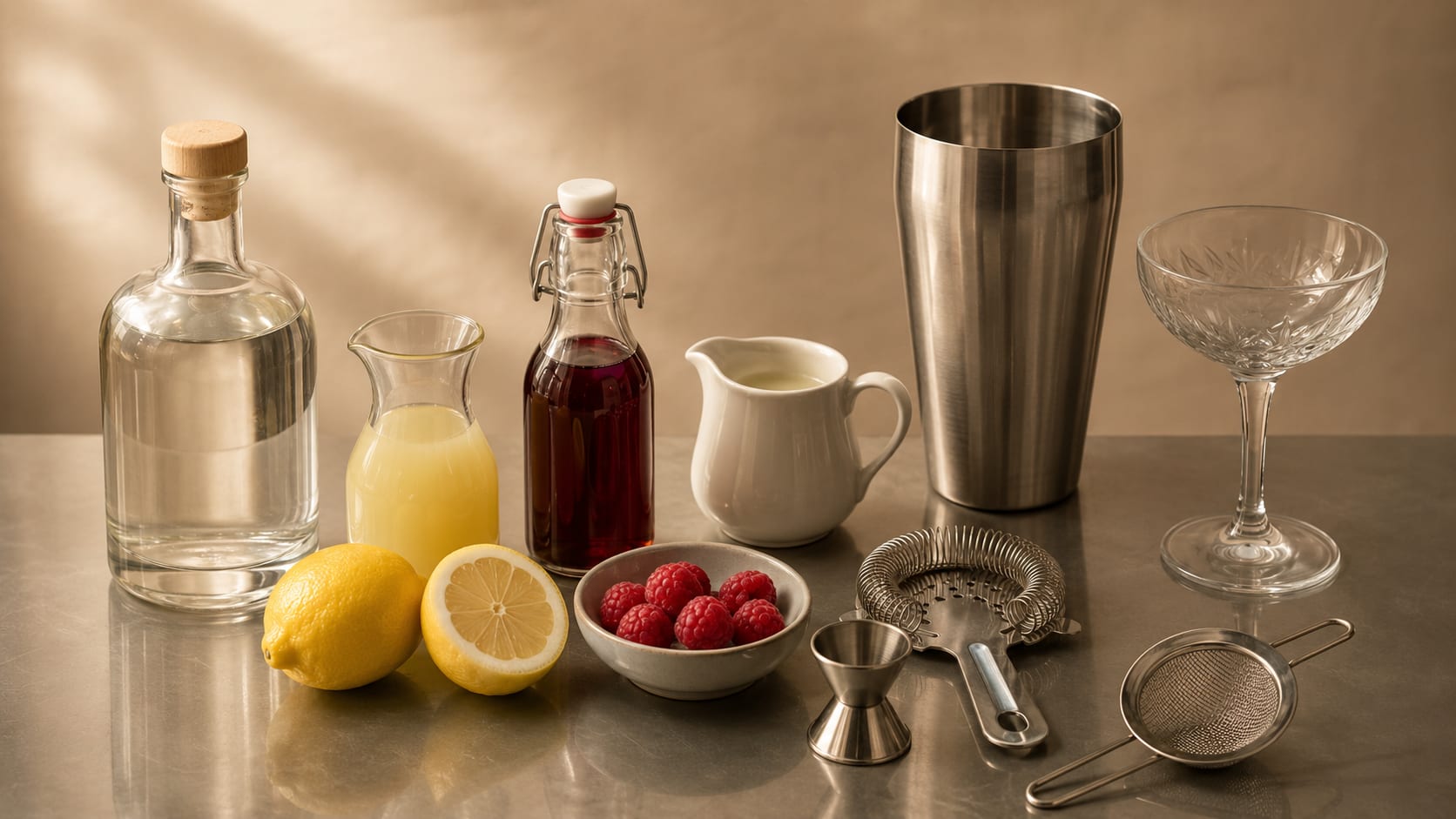 Ingredients and tools to make Clover Club