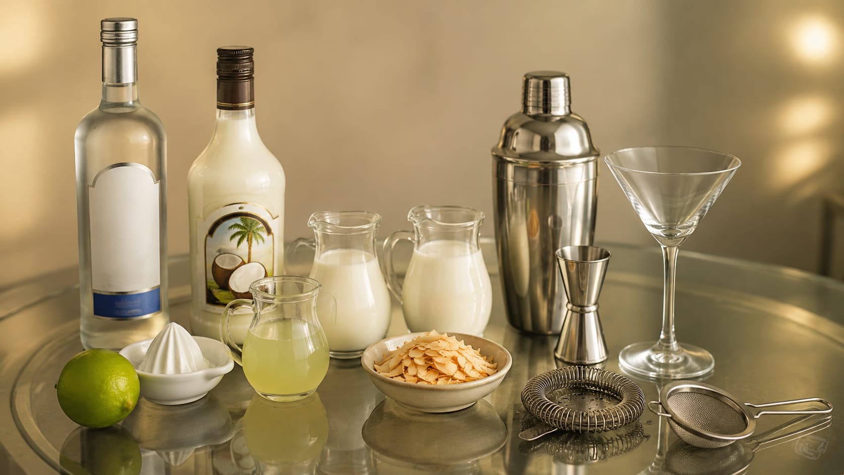 Ingredients and tools to make Coconut Martini