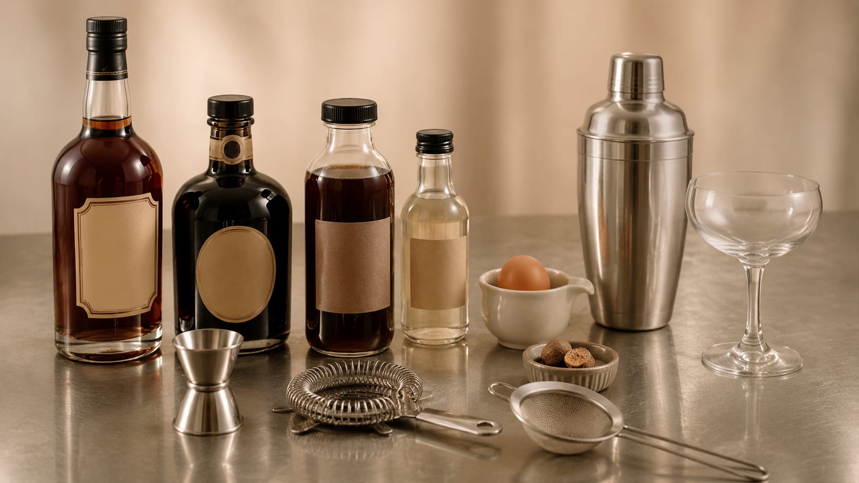 Ingredients and tools to make Coffee Flip