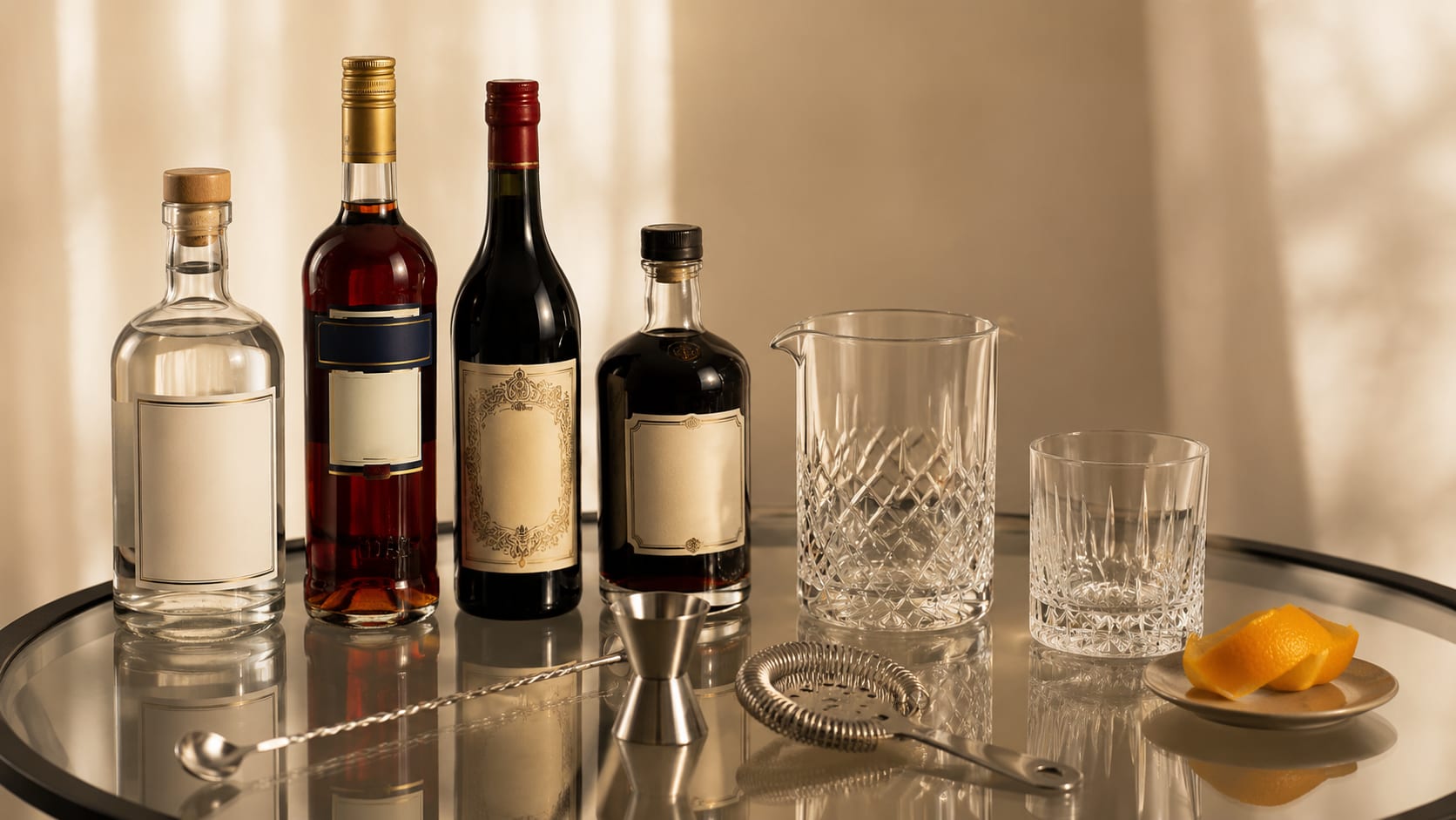 Ingredients and tools to make Coffee Negroni