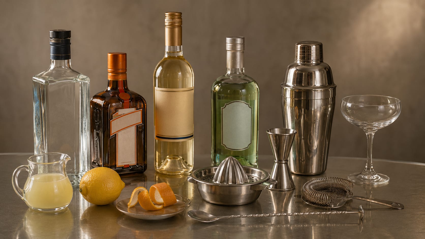 Ingredients and tools to make Corpse Reviver No. 2