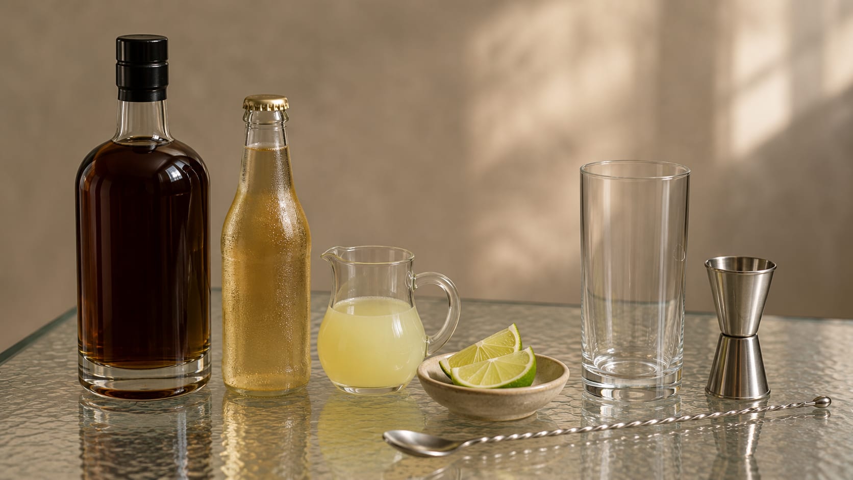 Ingredients and tools to make Dark and Stormy