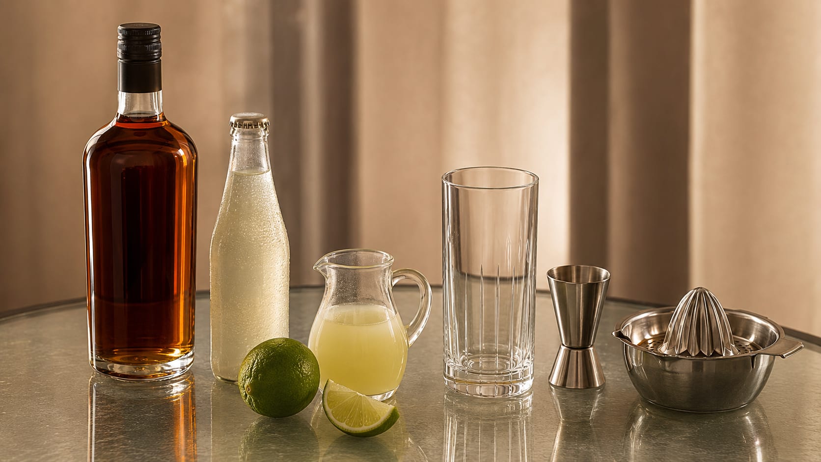 Ingredients and tools to make Dark 'n' Stormy