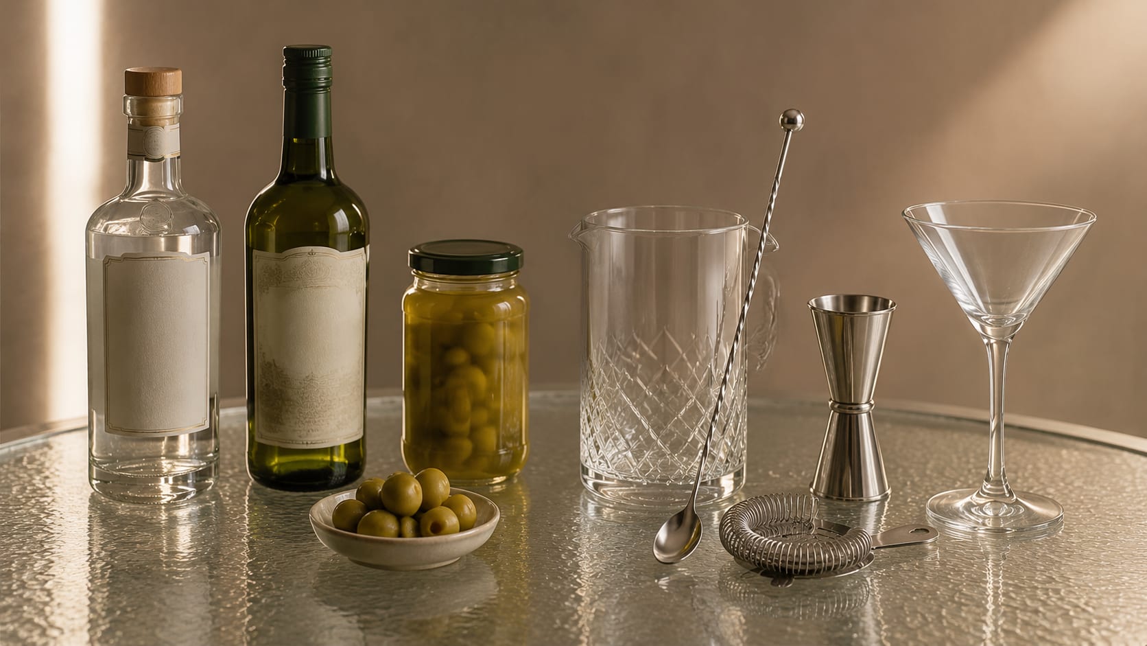 Ingredients and tools to make Dirty Gin Martini
