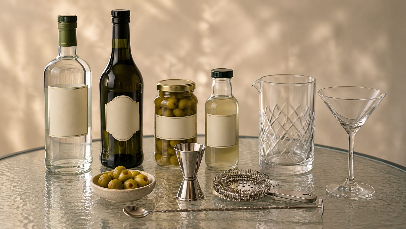 Ingredients and tools to make Dirty Martini