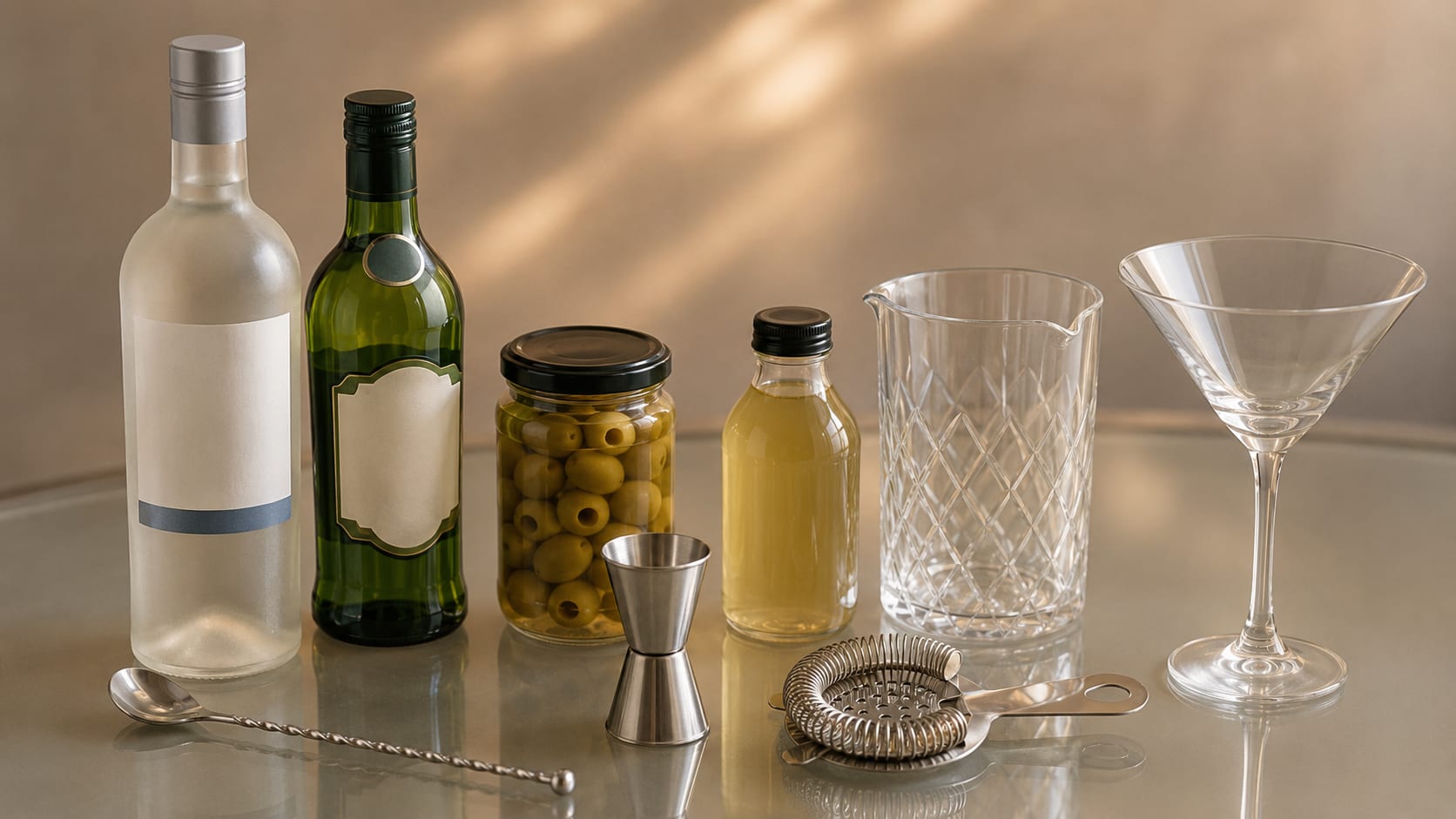 Ingredients and tools to make Dirty Vodka Martini