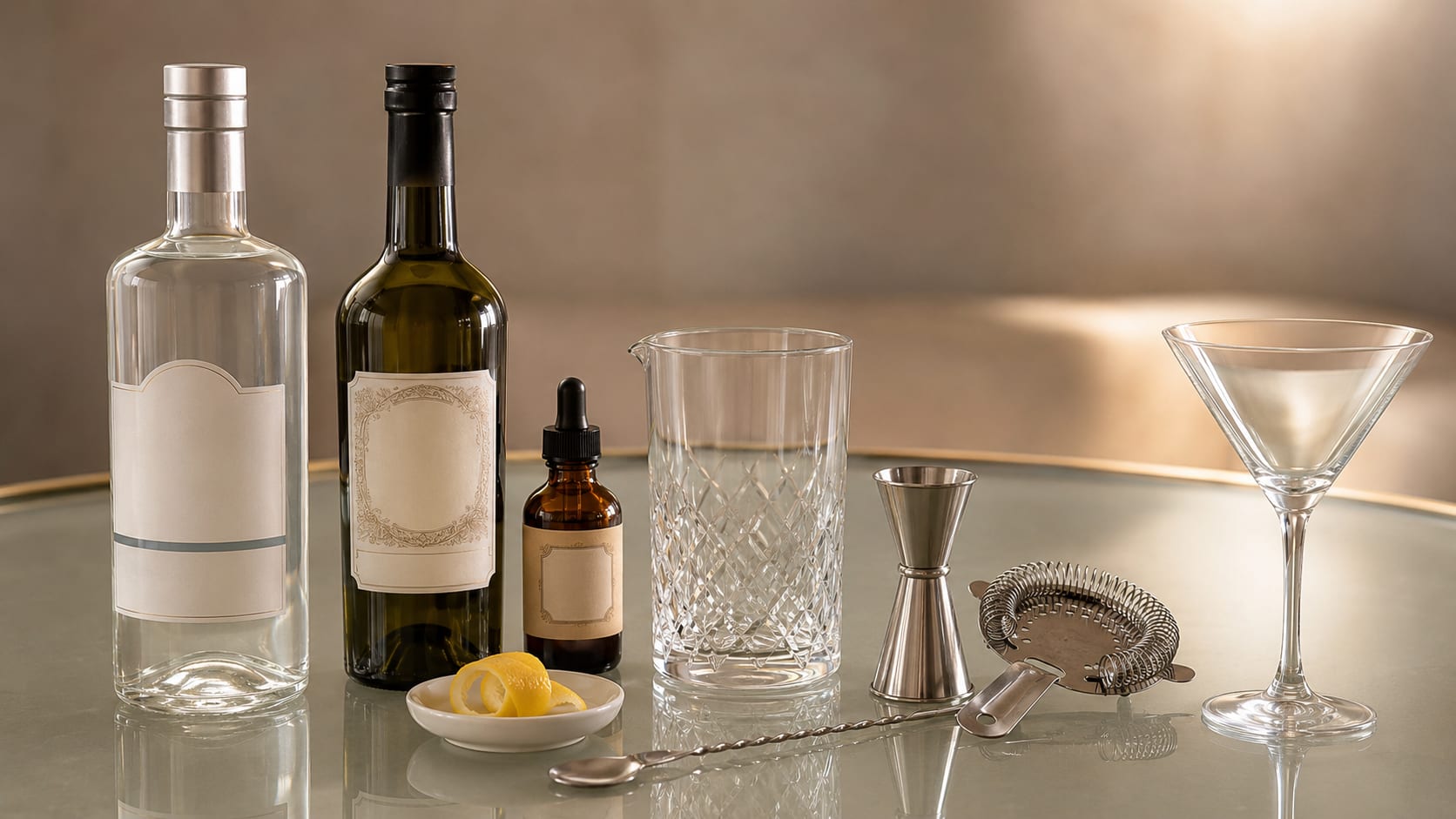 Ingredients and tools to make Dry Gin Martini