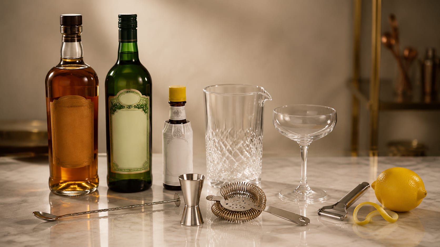 Ingredients and tools to make Dry Manhattan