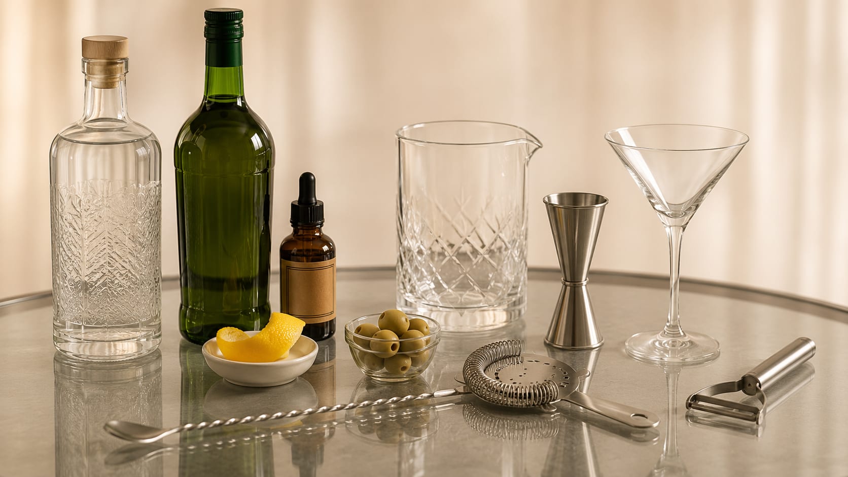 Ingredients and tools to make Dry Martini