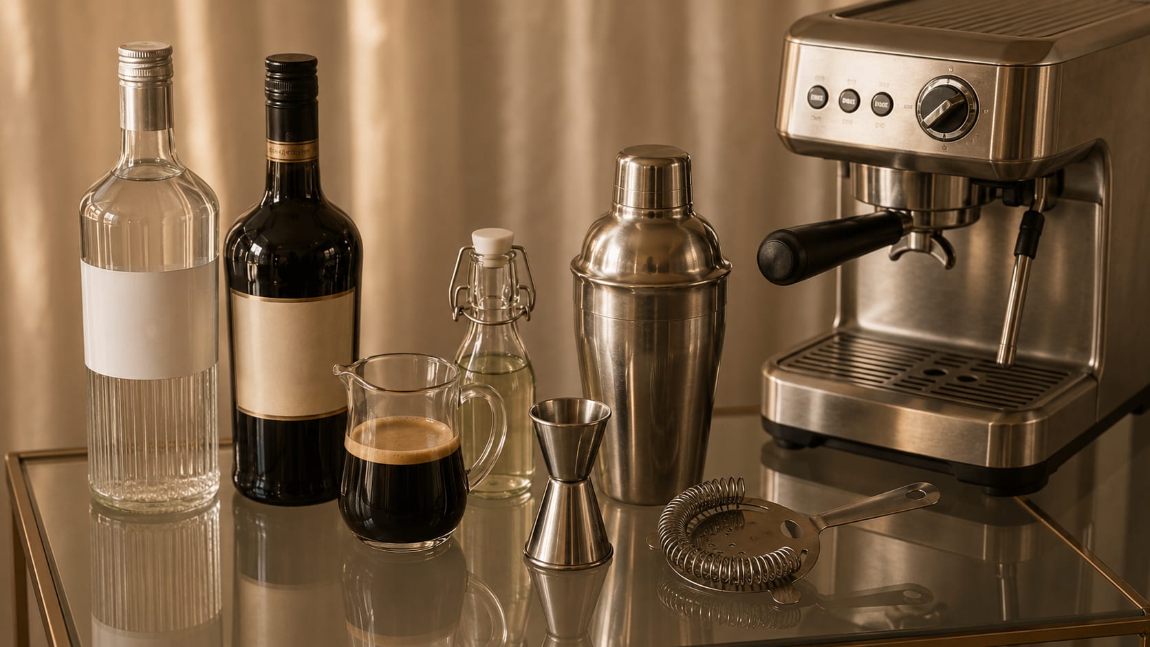 Ingredients and tools to make Espresso Martini