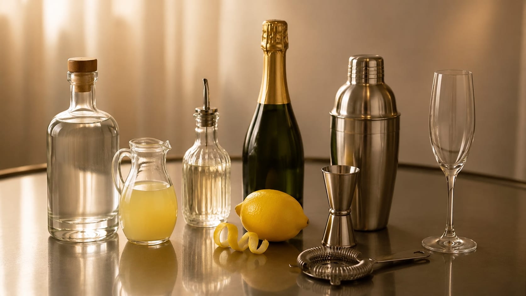 Ingredients and tools to make French 75