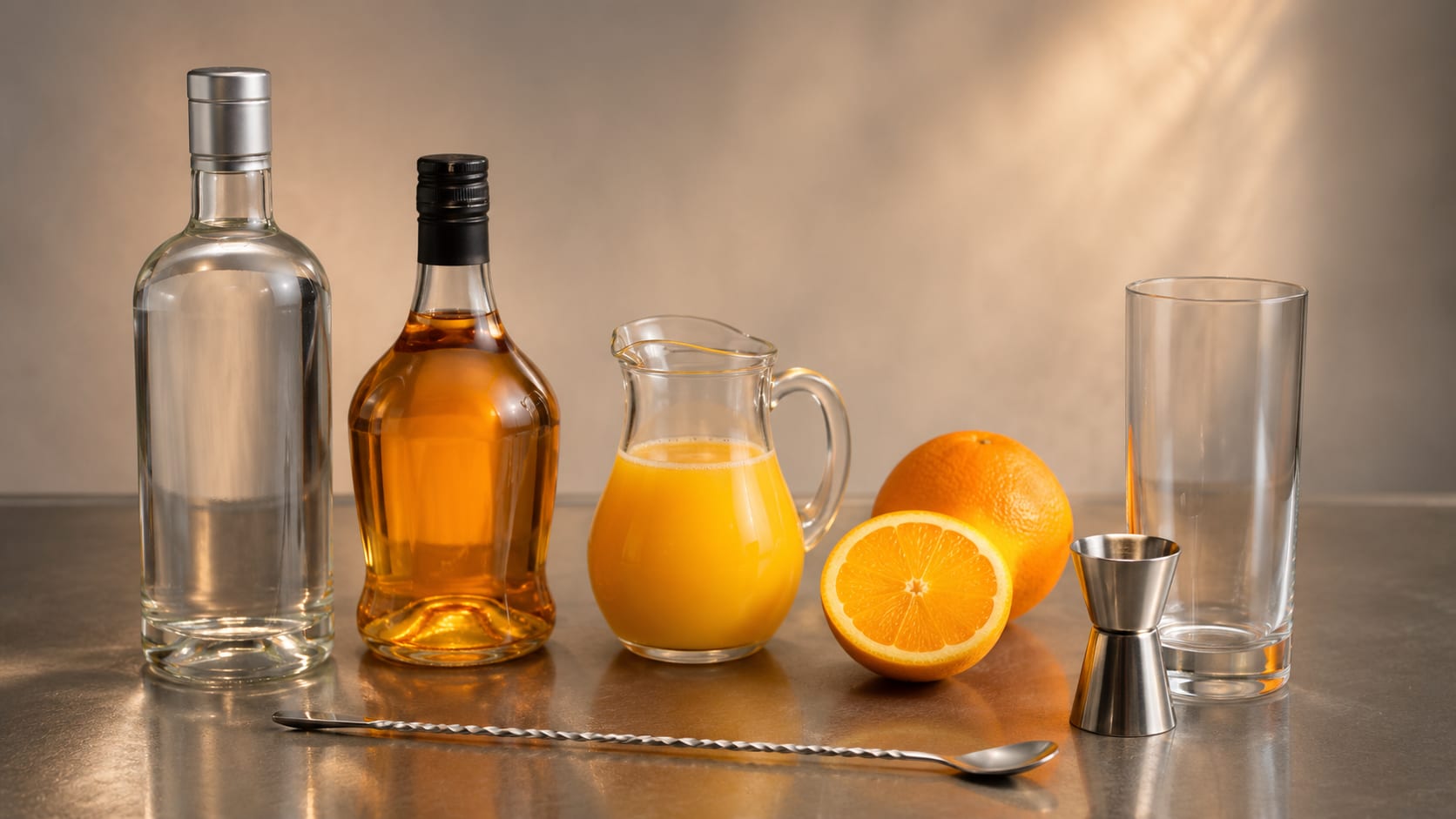 Ingredients and tools to make Fuzzy Navel