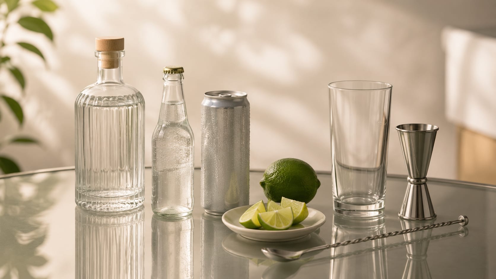 Ingredients and tools to make Gin and Tonic