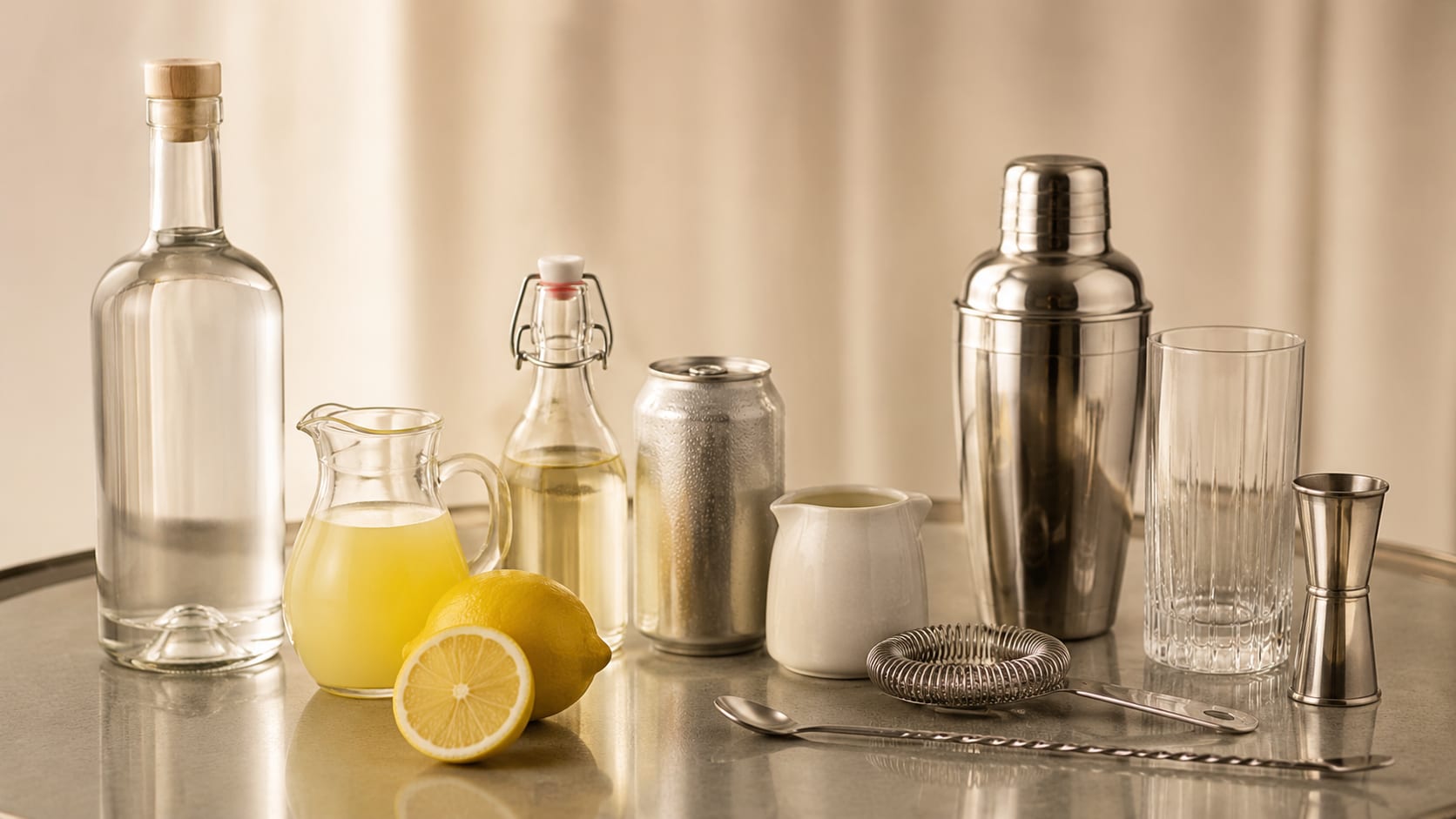 Ingredients and tools to make Gin Fizz