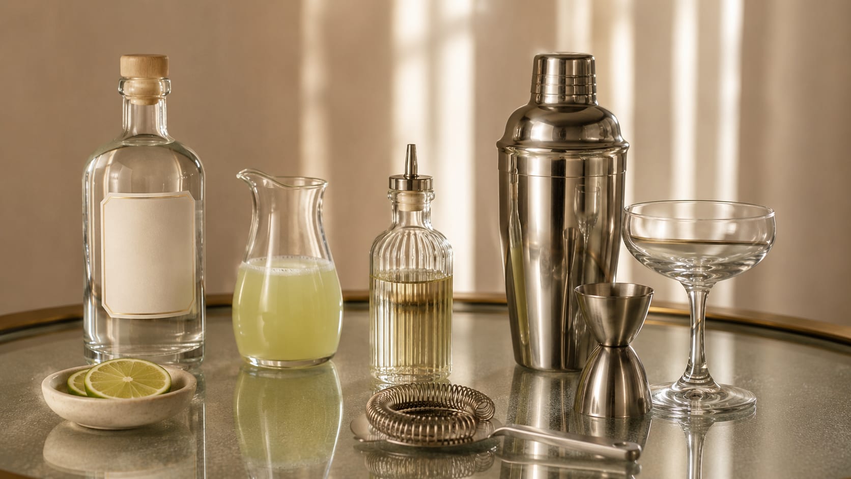 Ingredients and tools to make Gin Gimlet