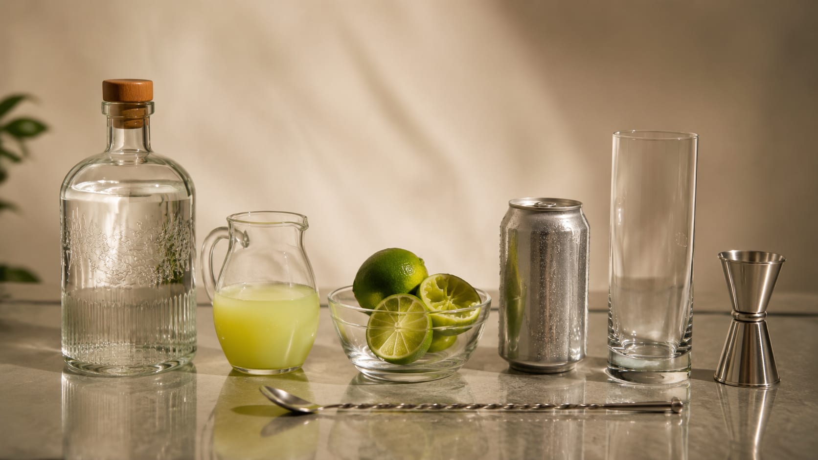 Ingredients and tools to make Gin Rickey