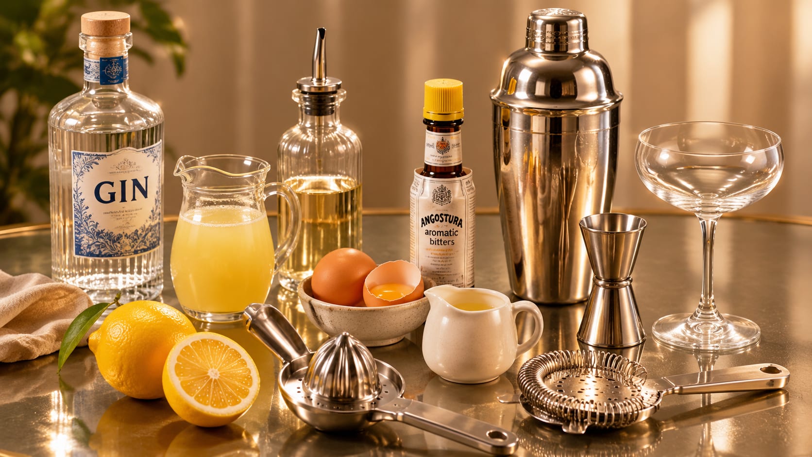 Ingredients and tools to make Gin Sour