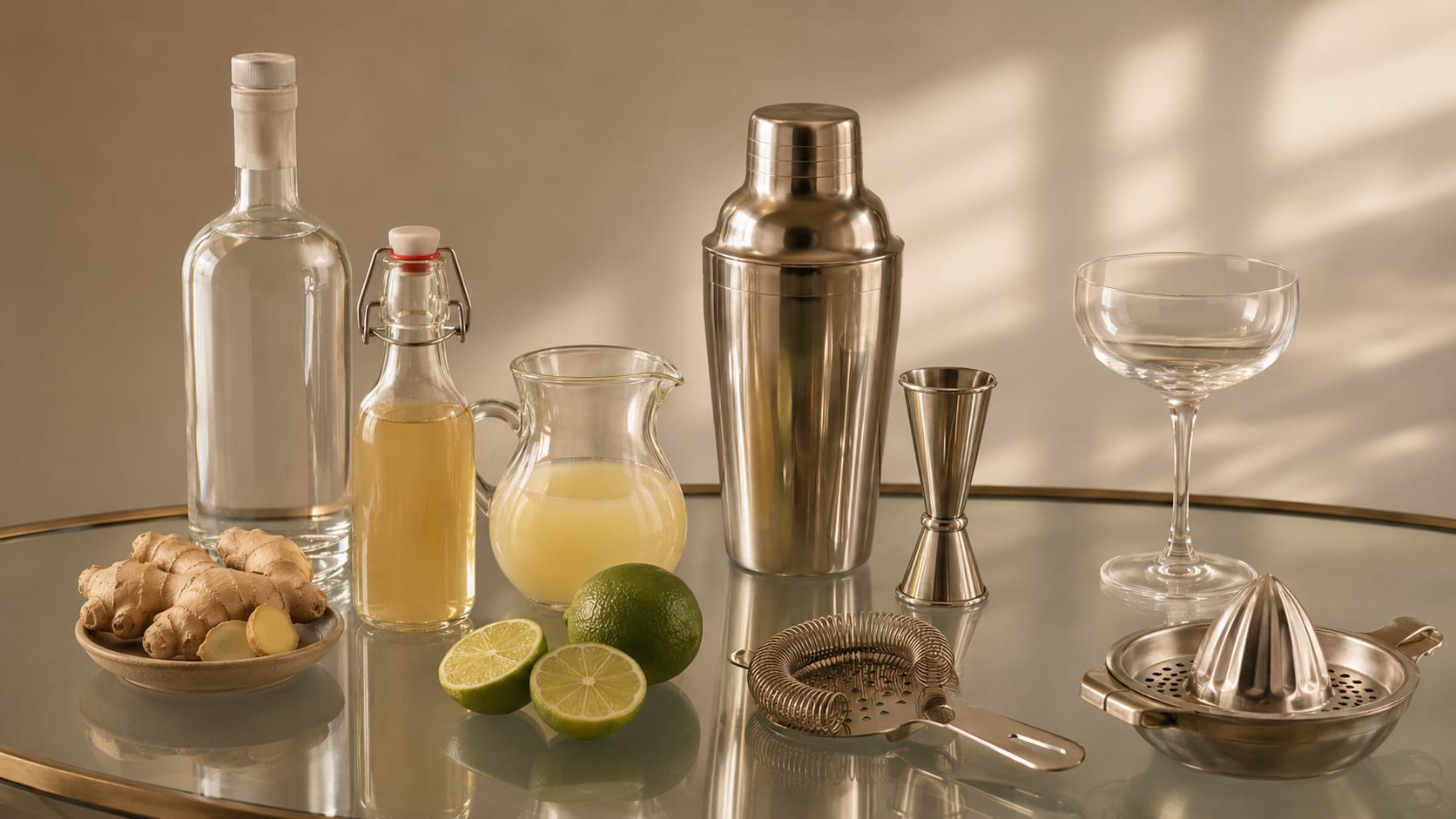 Ingredients and tools to make Ginger Daiquiri