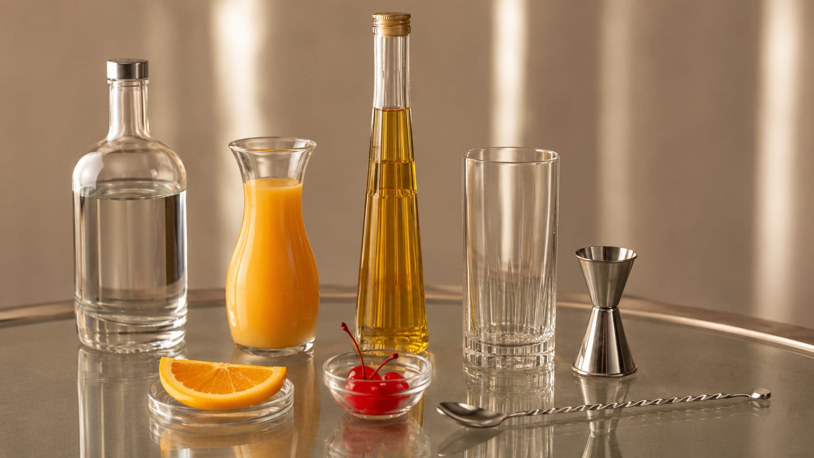 Ingredients and tools to make Harvey Wallbanger