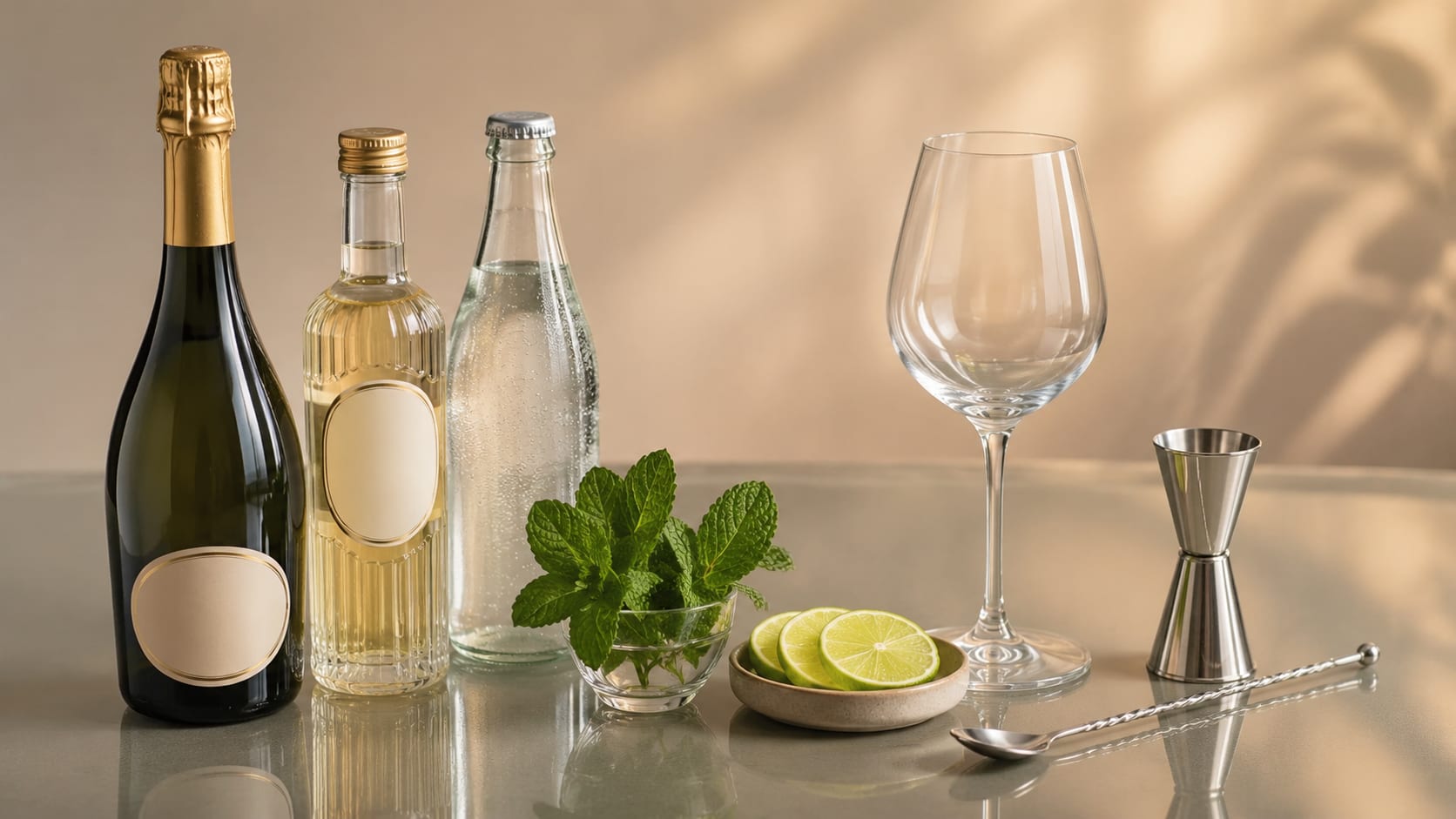Ingredients and tools to make Hugo Spritz