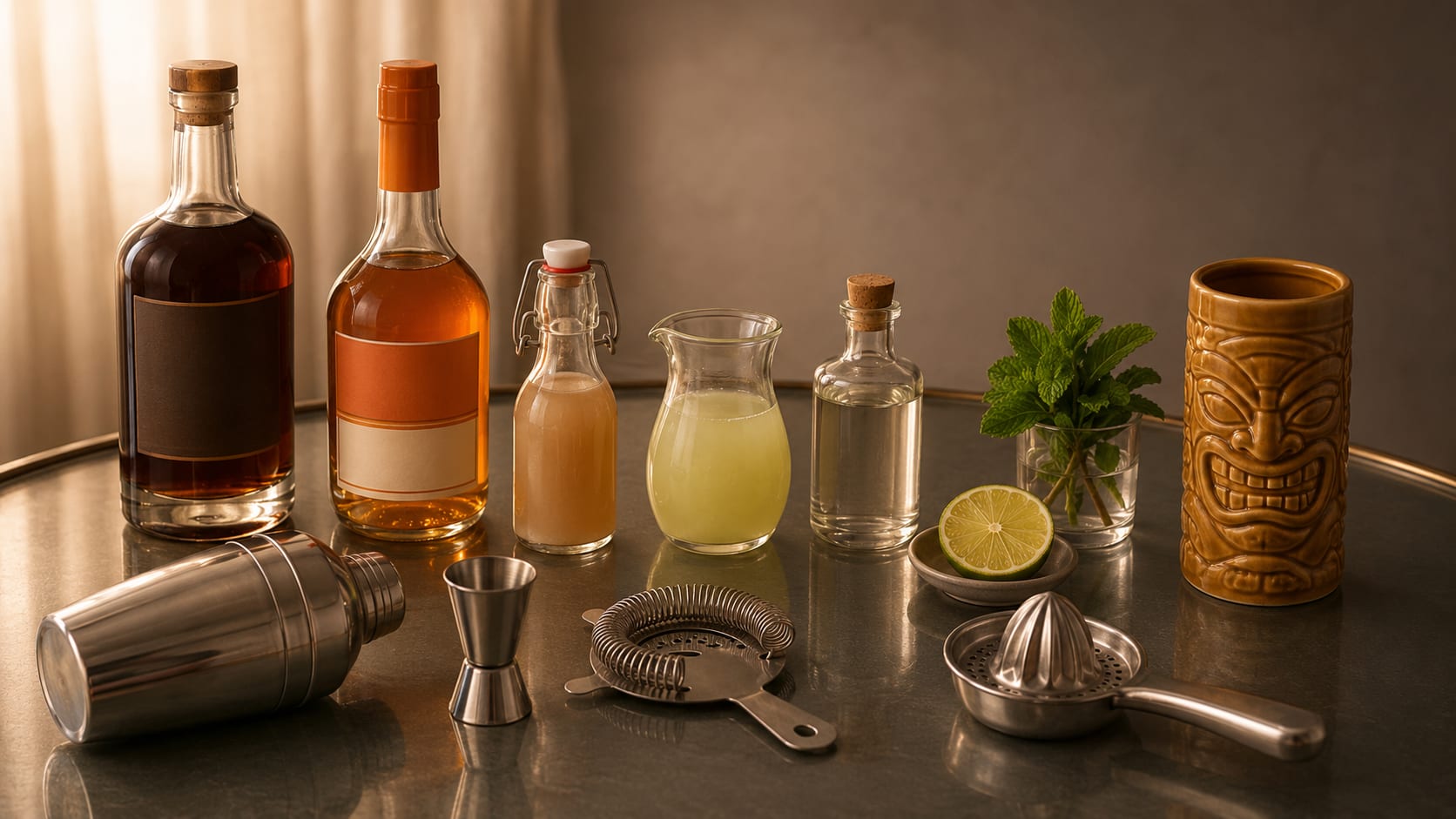 Ingredients and tools to make IBA Tiki