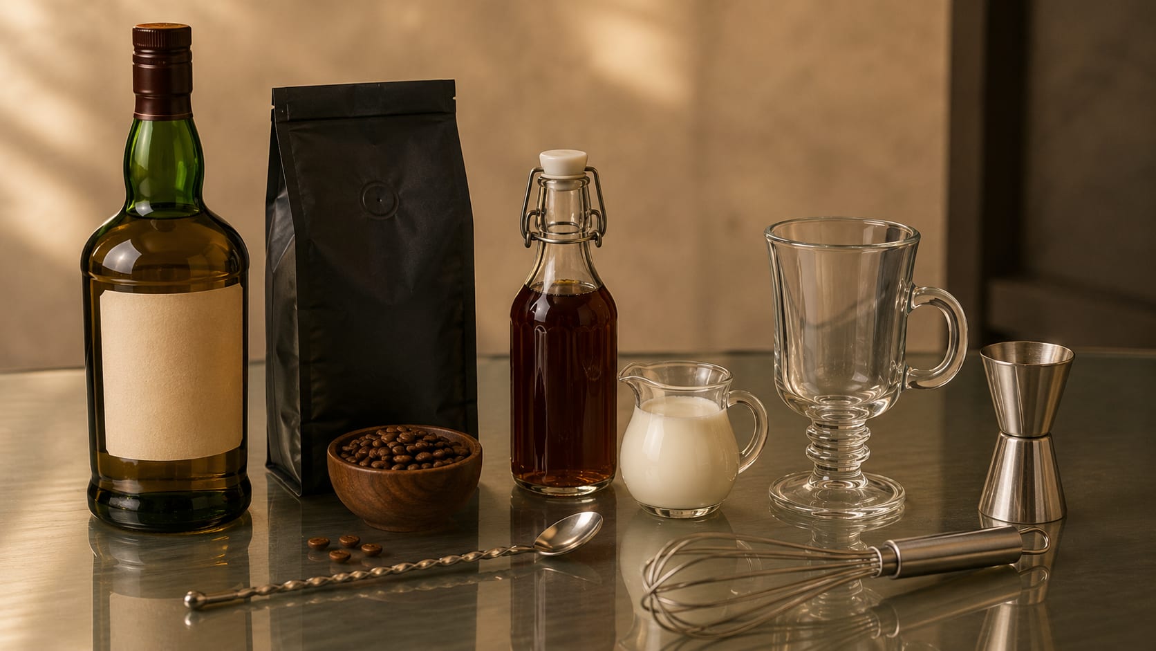 Ingredients and tools to make Irish Coffee