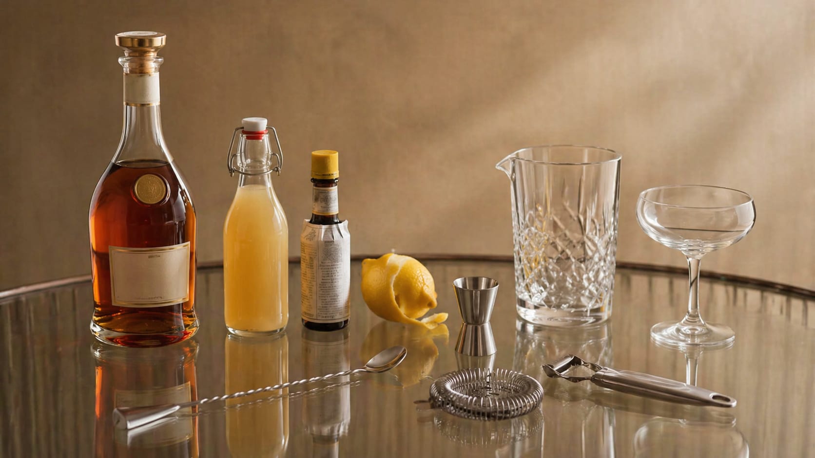 Ingredients and tools to make Japanese Cocktail