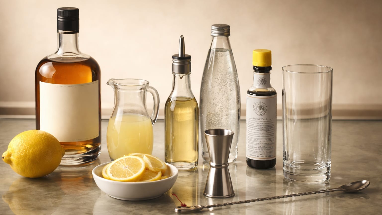Ingredients and tools to make John Collins