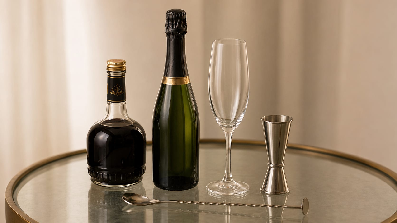 Ingredients and tools to make Kir Royale